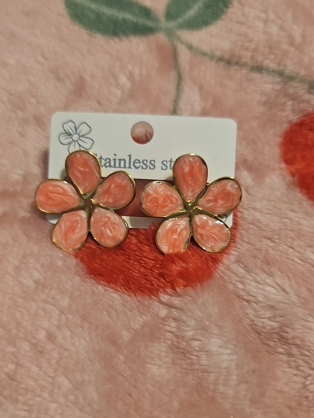 Gold-Tone Coral Pink Flower Stud Earrings